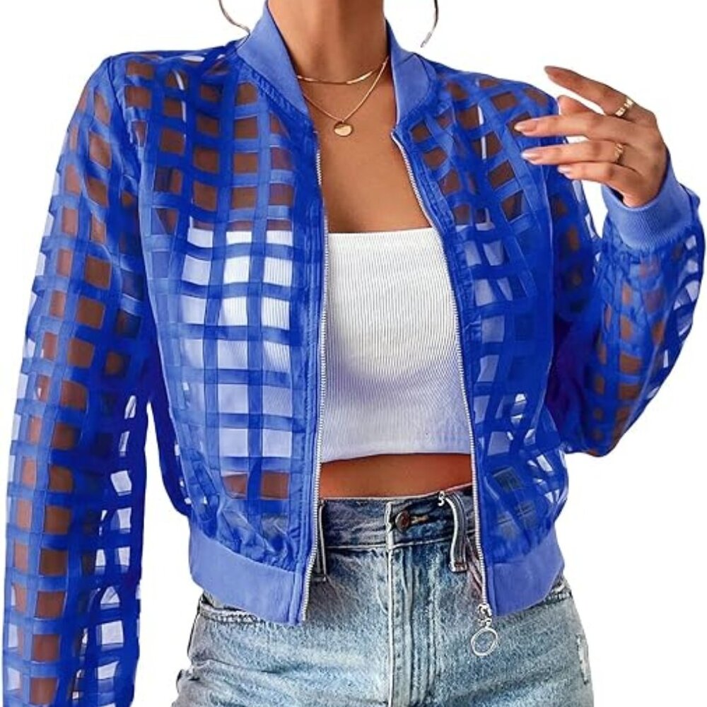 new stunning sheer bomber jacker cropped (4-colors) SM-XL  party concert CASUAL